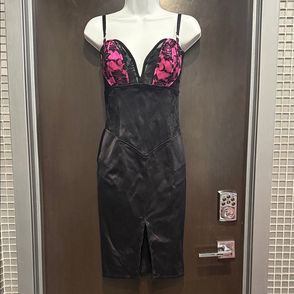 Vintage Y2K Mark Wong Nark Corset Bodycon Dress Black Pink Lace Bustier - Picture 1 of 17